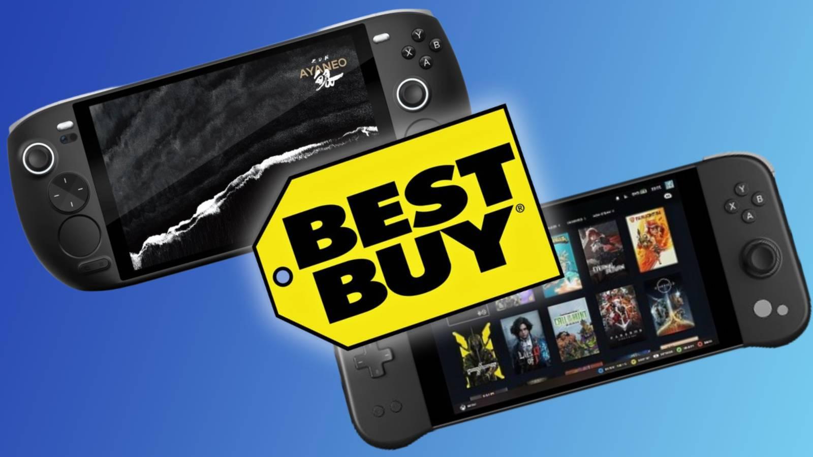 Image of the two Ayaneo handhelds on a blue background with the Best Buy logo on top.