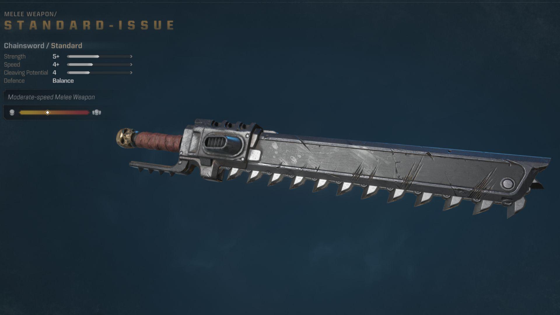 An image of the Chainsword stats menu.