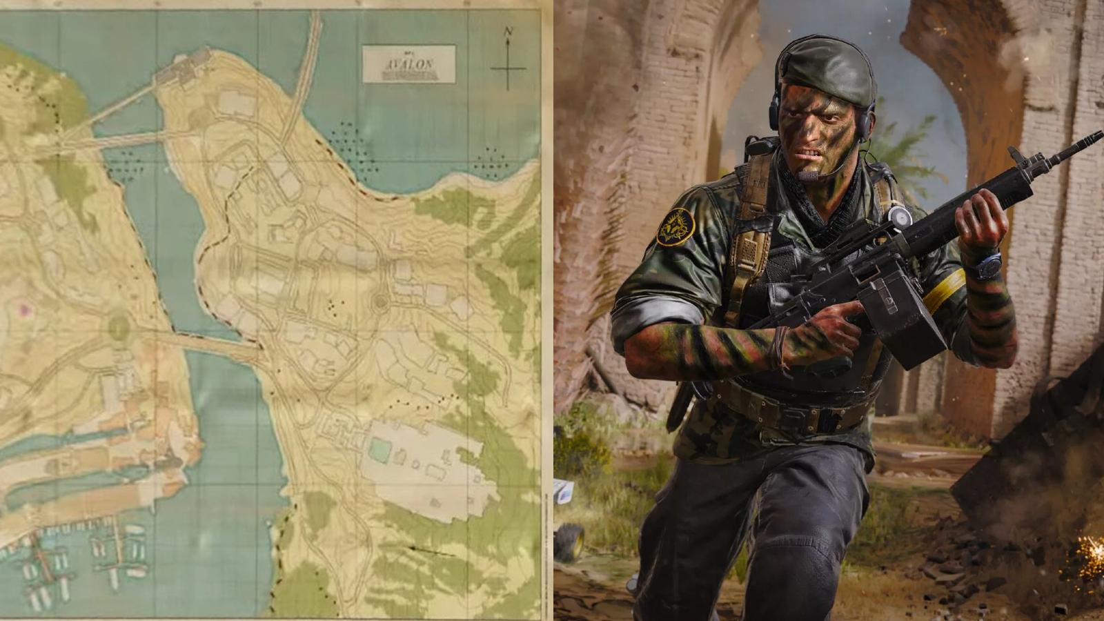 Black Ops 6 operator running next to image of Avalon map