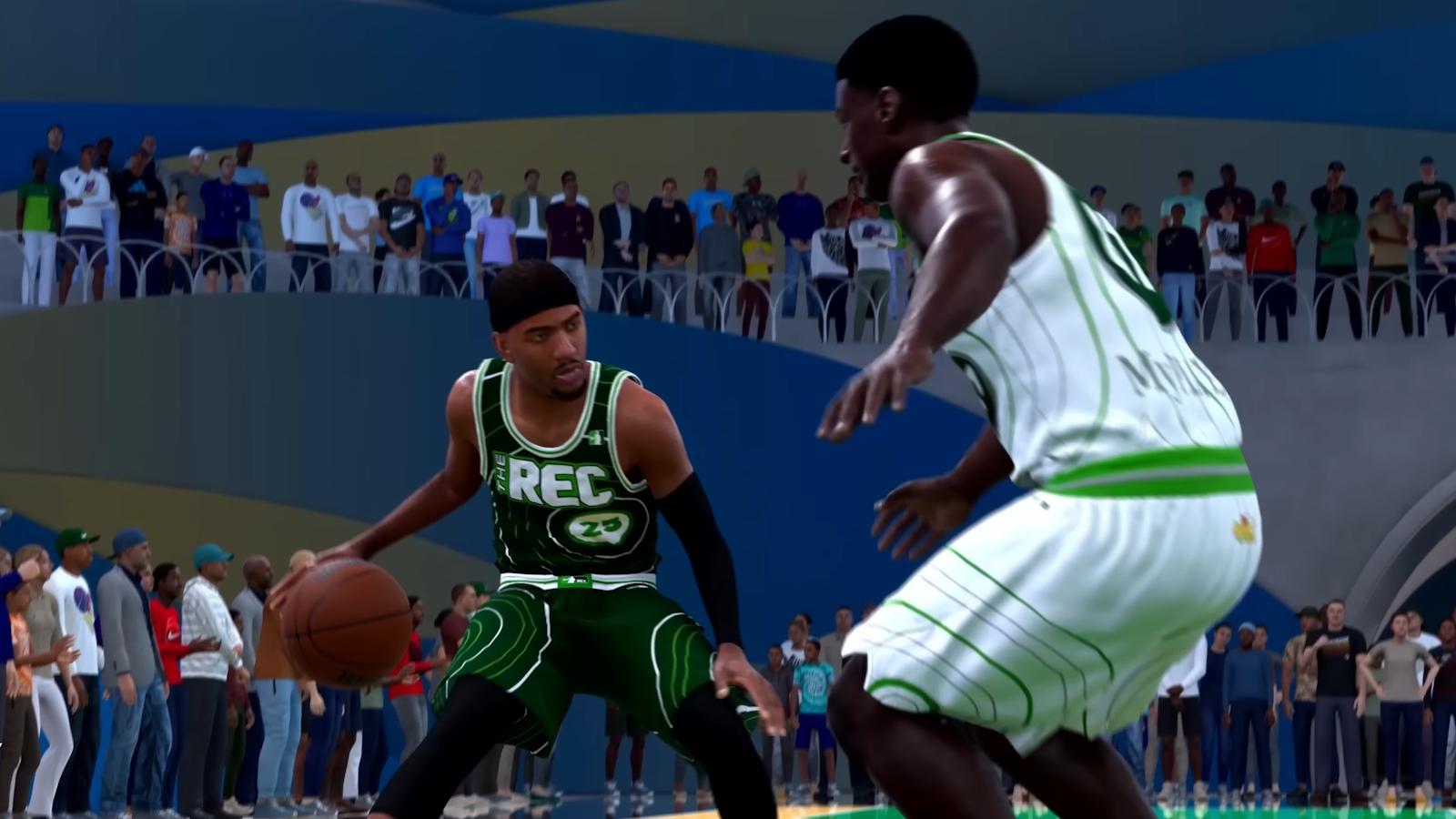 Player dribbling in NBA 2K25.