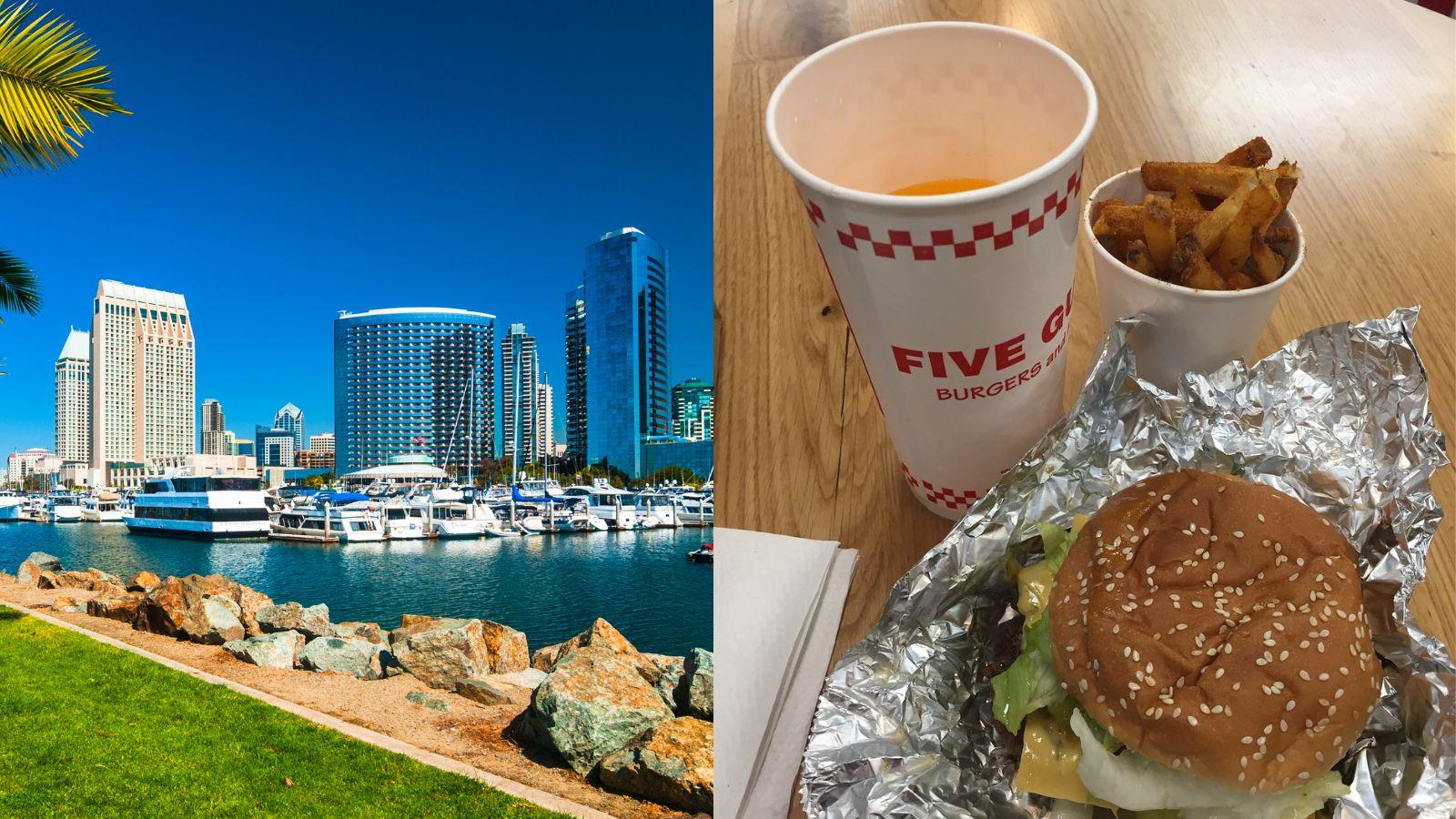 San Diego harbour / burger and fries from five guys.