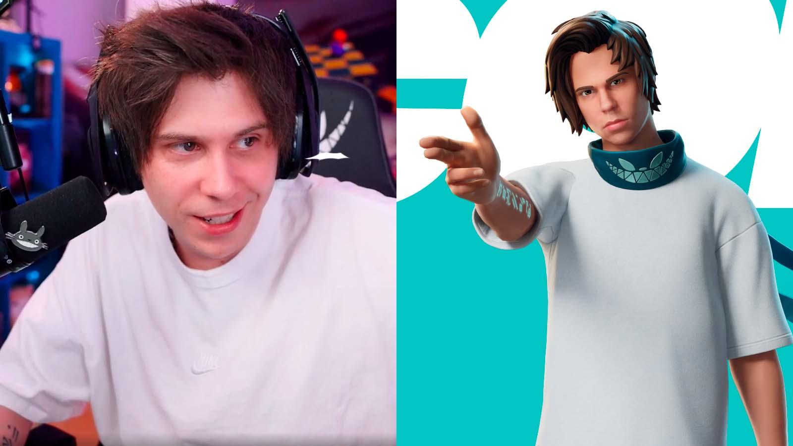 Rubius looking at his skin in Fortnite