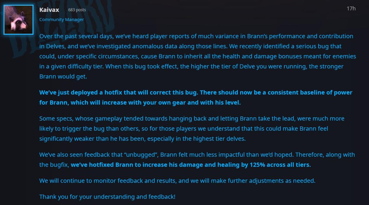 A blue post on the WoW website confirming Delve changes in The War Within