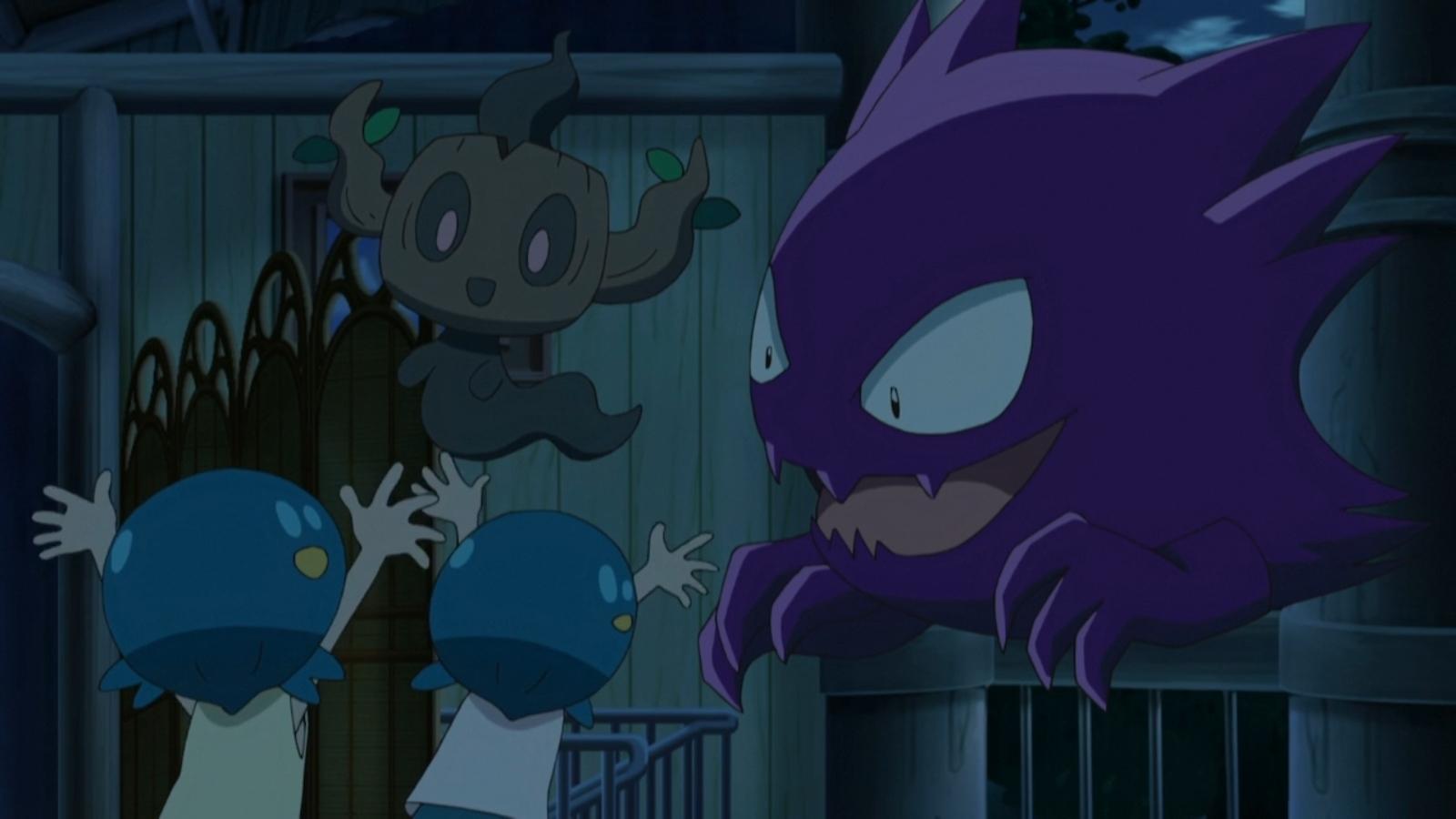 Phantump and Haunter scaring two children in the Pokemon anime