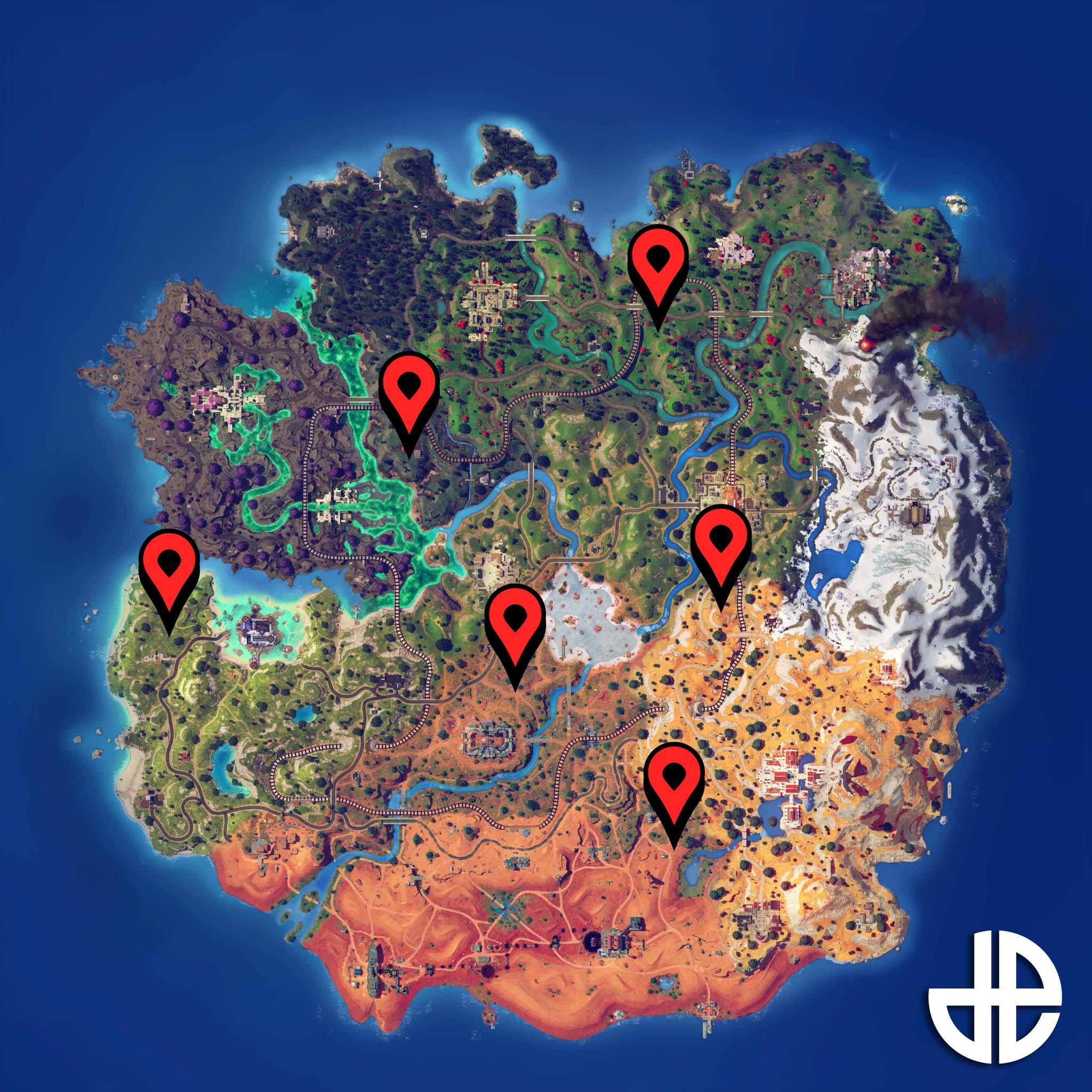 Fortnite map with a marker showing the location of all Stark chests