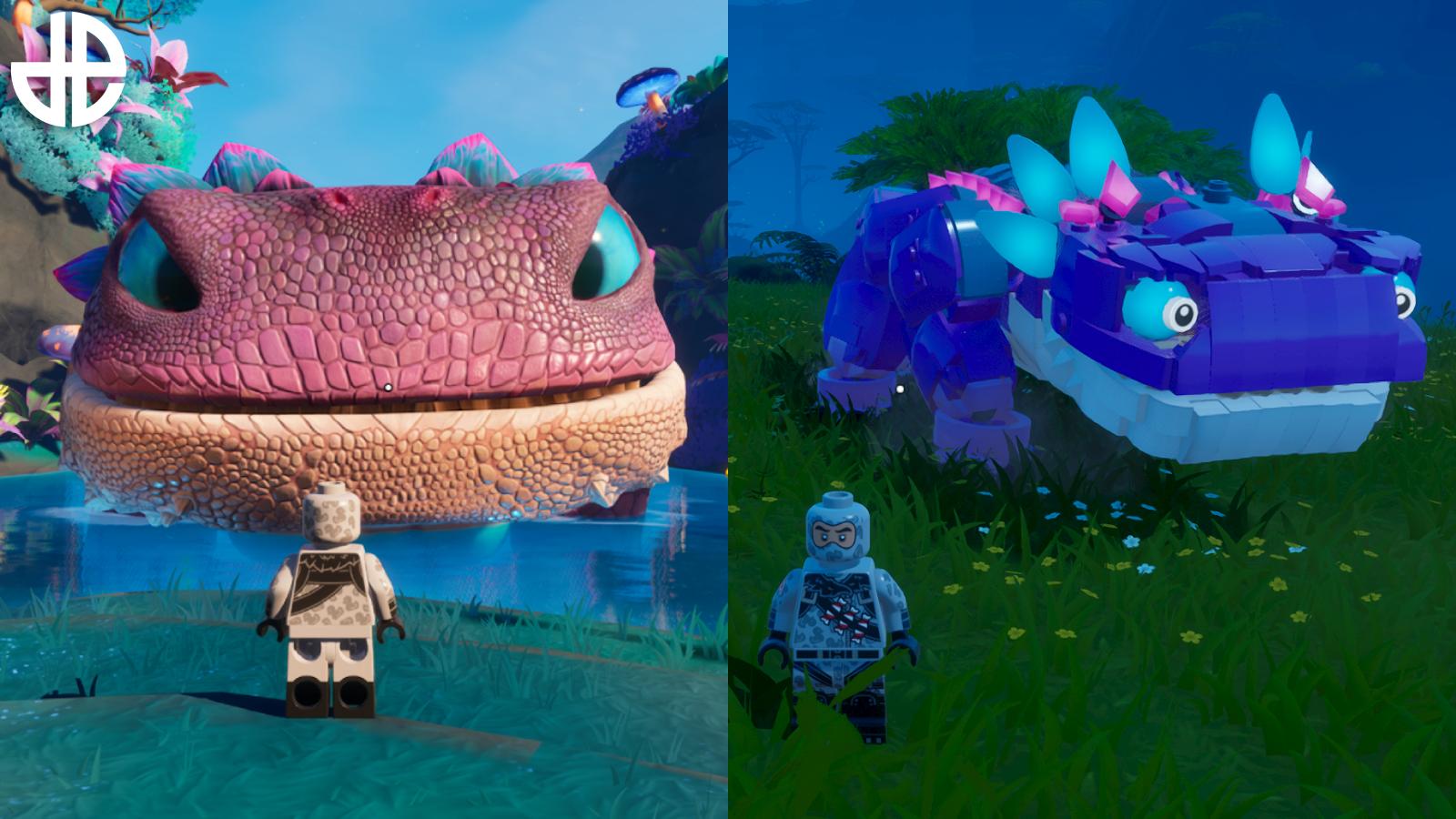 The original Klombo and LEGO Klombo version side by side in LEGO Fortnite.