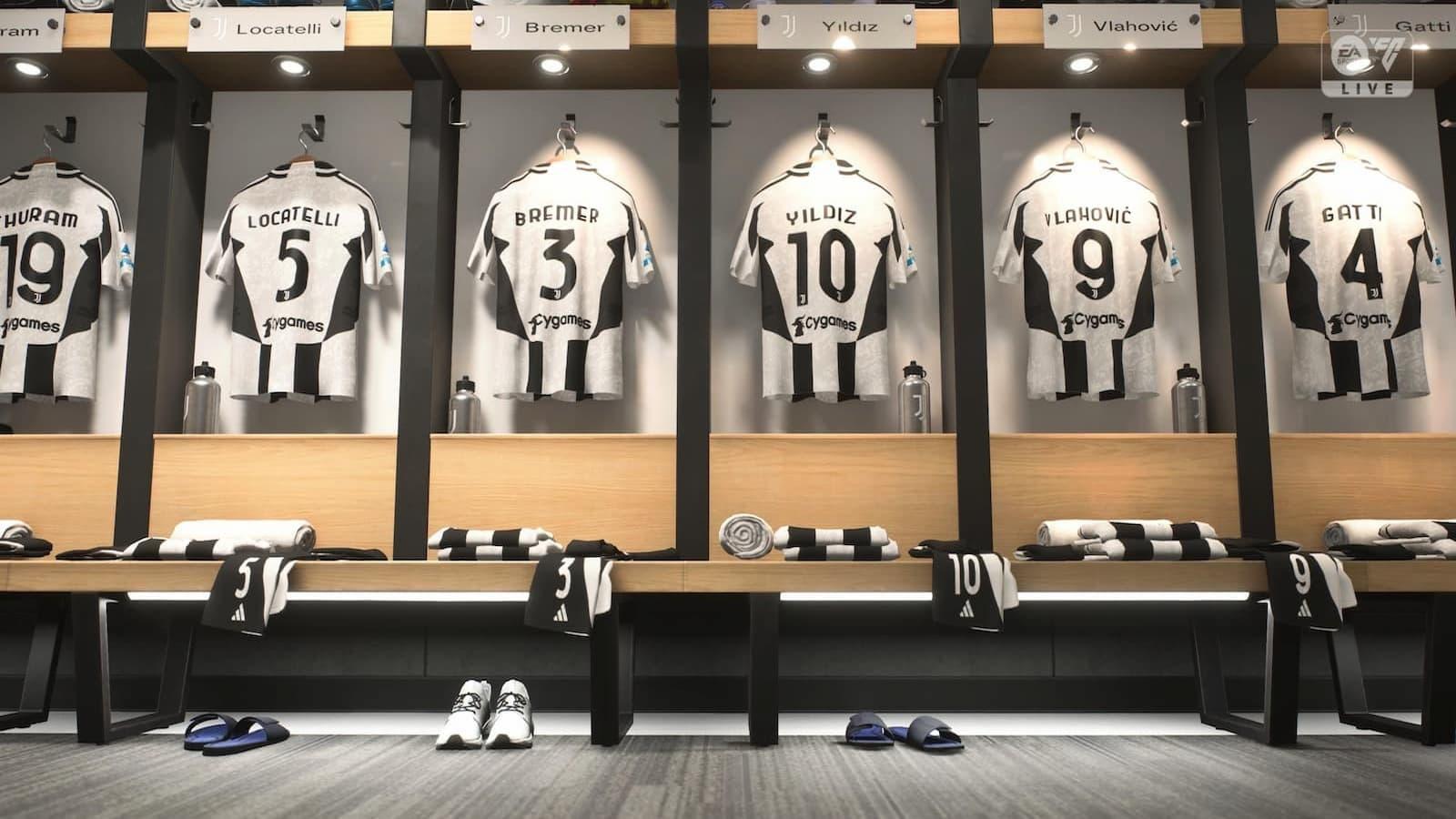 A camera shot of the Juventus locker room before a match in EA FC 25.