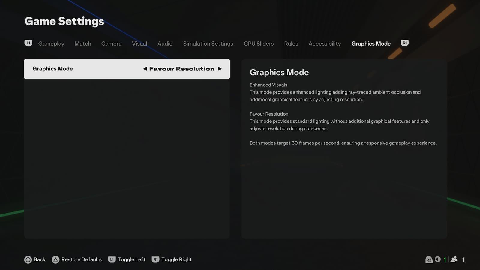 Screenshot of graphic setting menu in EA FC 25