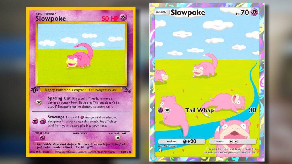 A side by side shows two different Pokemon cards featuring Slowpoke, the left from 1999, and the expanded version on the right from Pokemon TCG Pocket. While the left shows a Slowpoke on its own, the expanded version on the right shows several other Slowpoke playing in the area around the original Slowpoke.