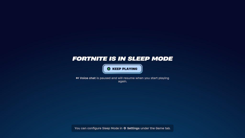 A screenshot featuring the Sleep Mode feature in Fortnite.