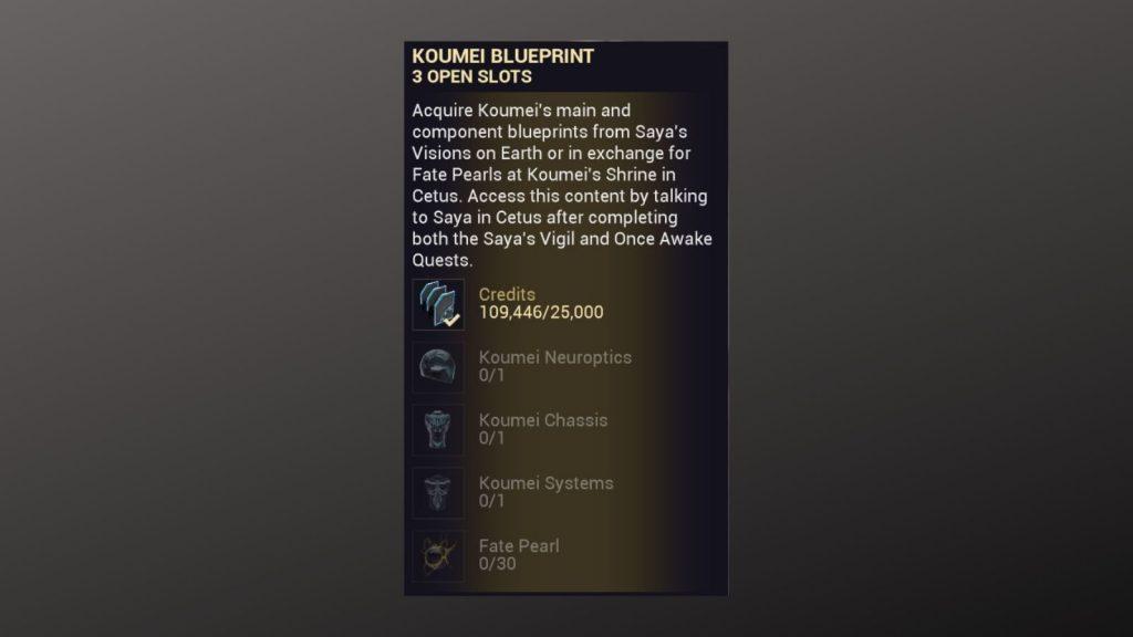 The Koumei Blueprint costs in Warframe