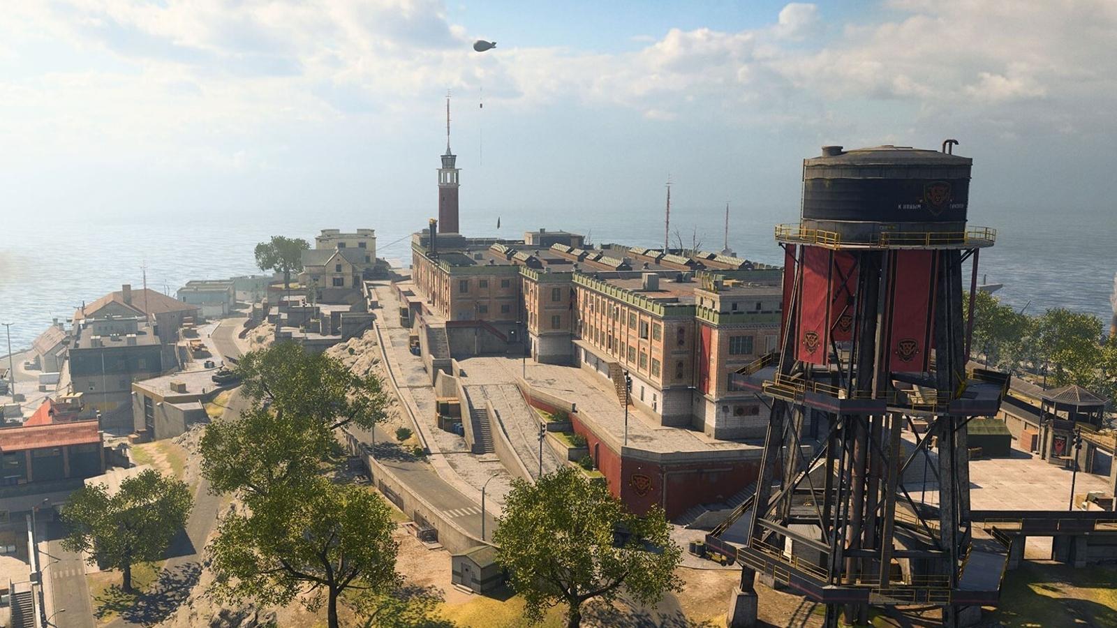 Water tower in Warzone's Rebirth Island with Prison in the background