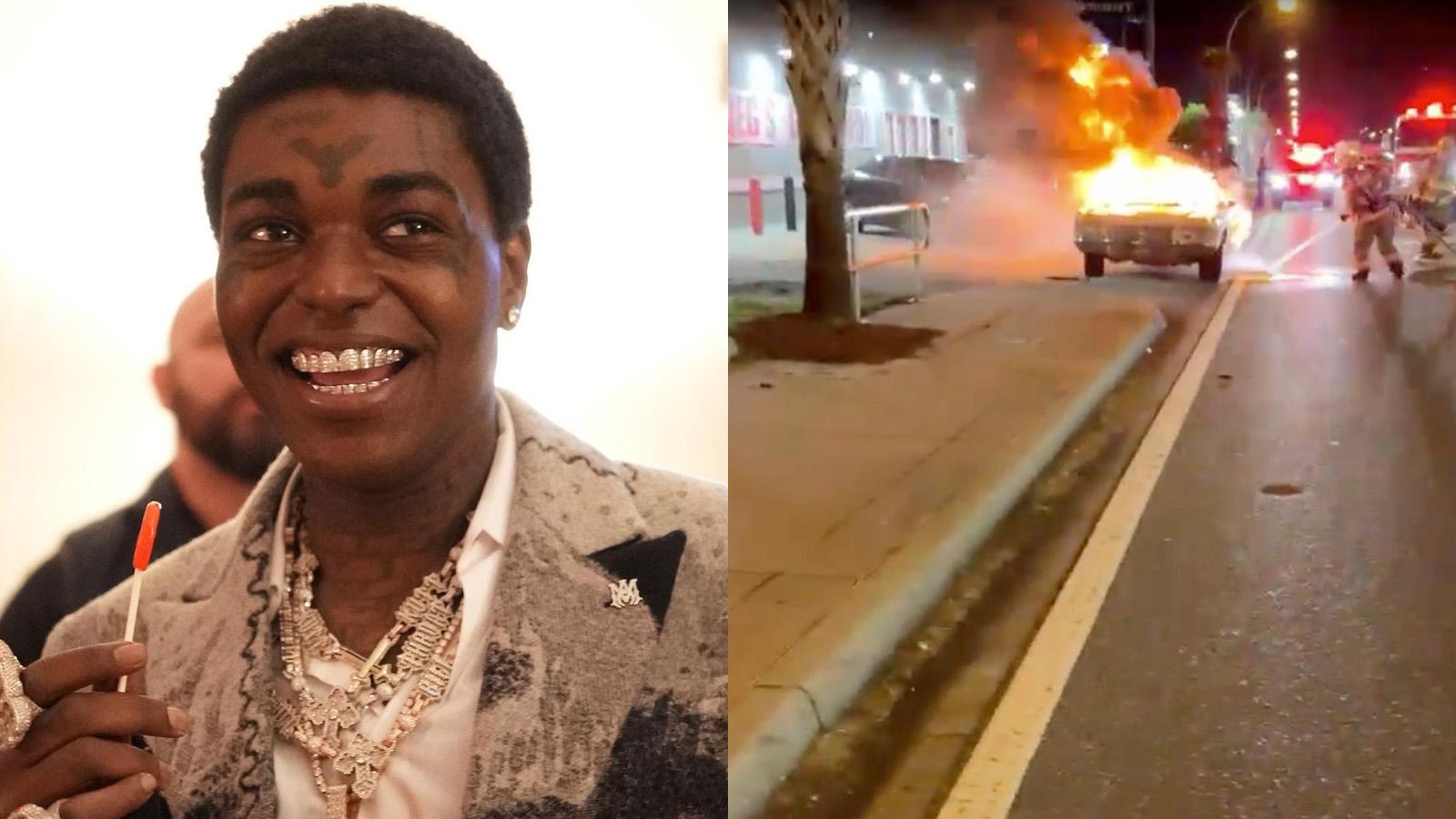 Kodak Black on the left, his burning car on the right