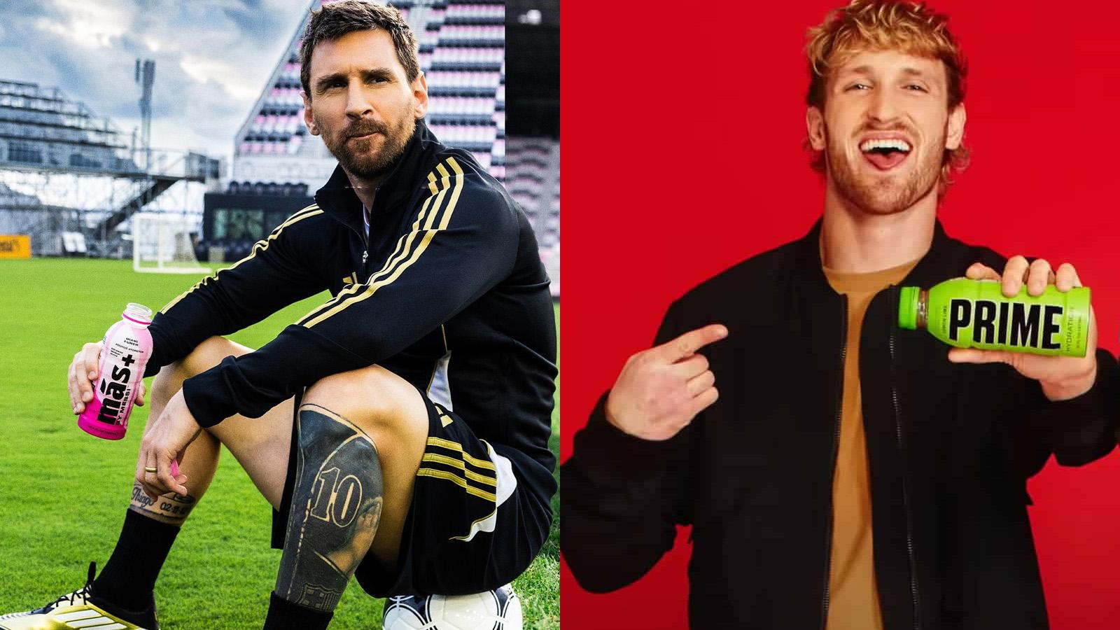 Lionel Messi and Logan Paul holding their respective drinks