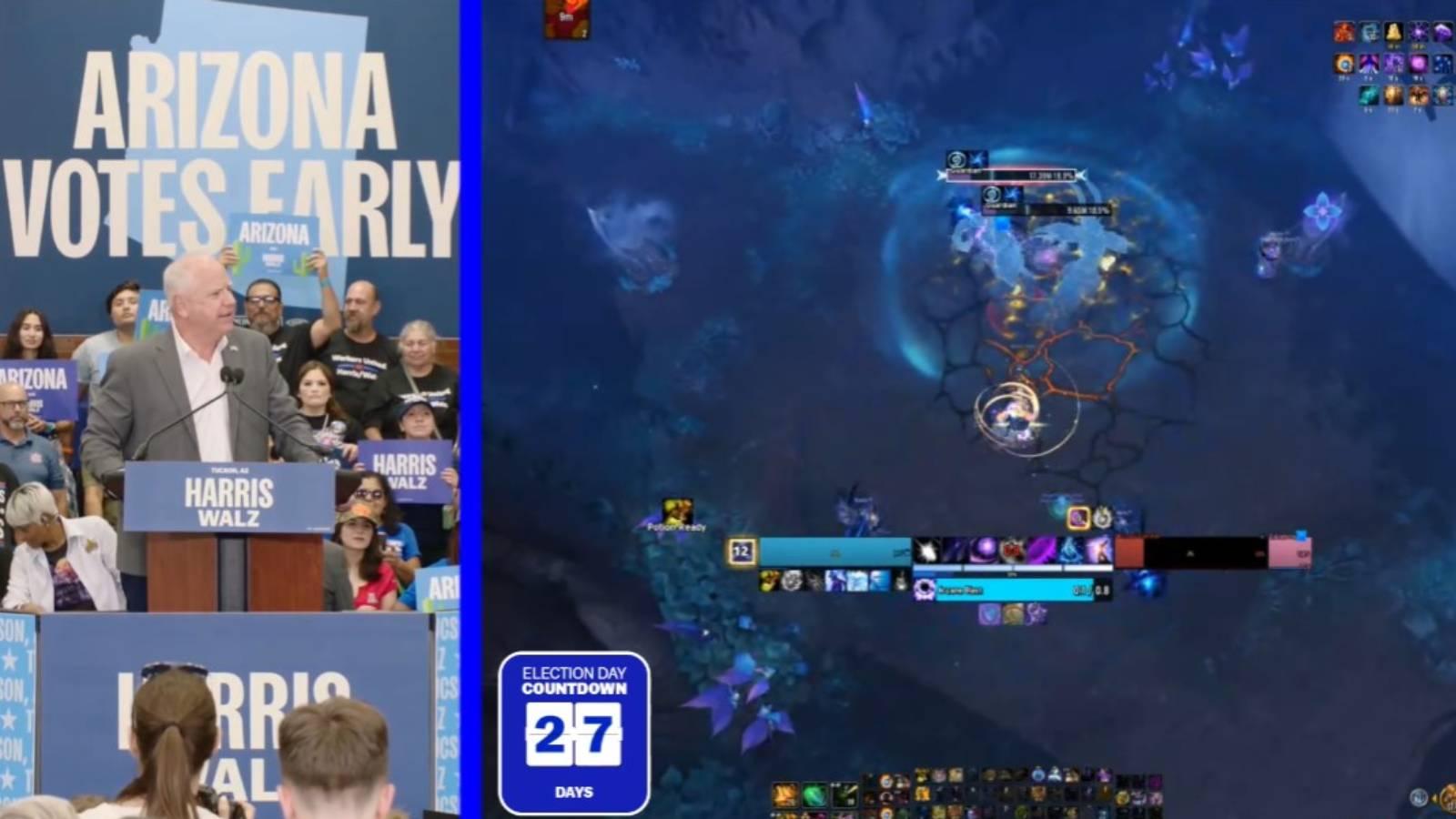 Tim Walz rally streamed on Twitch with WoW gameplay