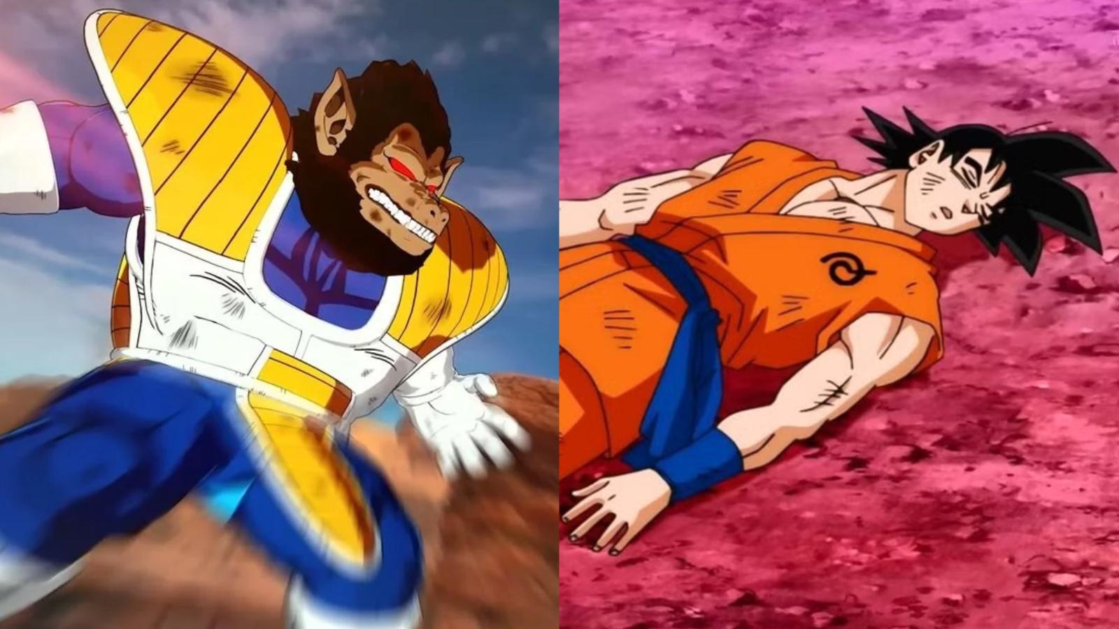 A screenshot featuring the Great Ape Vegeta and Goku from Dragon Ball.