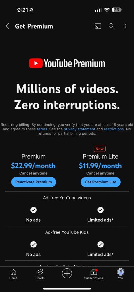 youtube premium lite offer