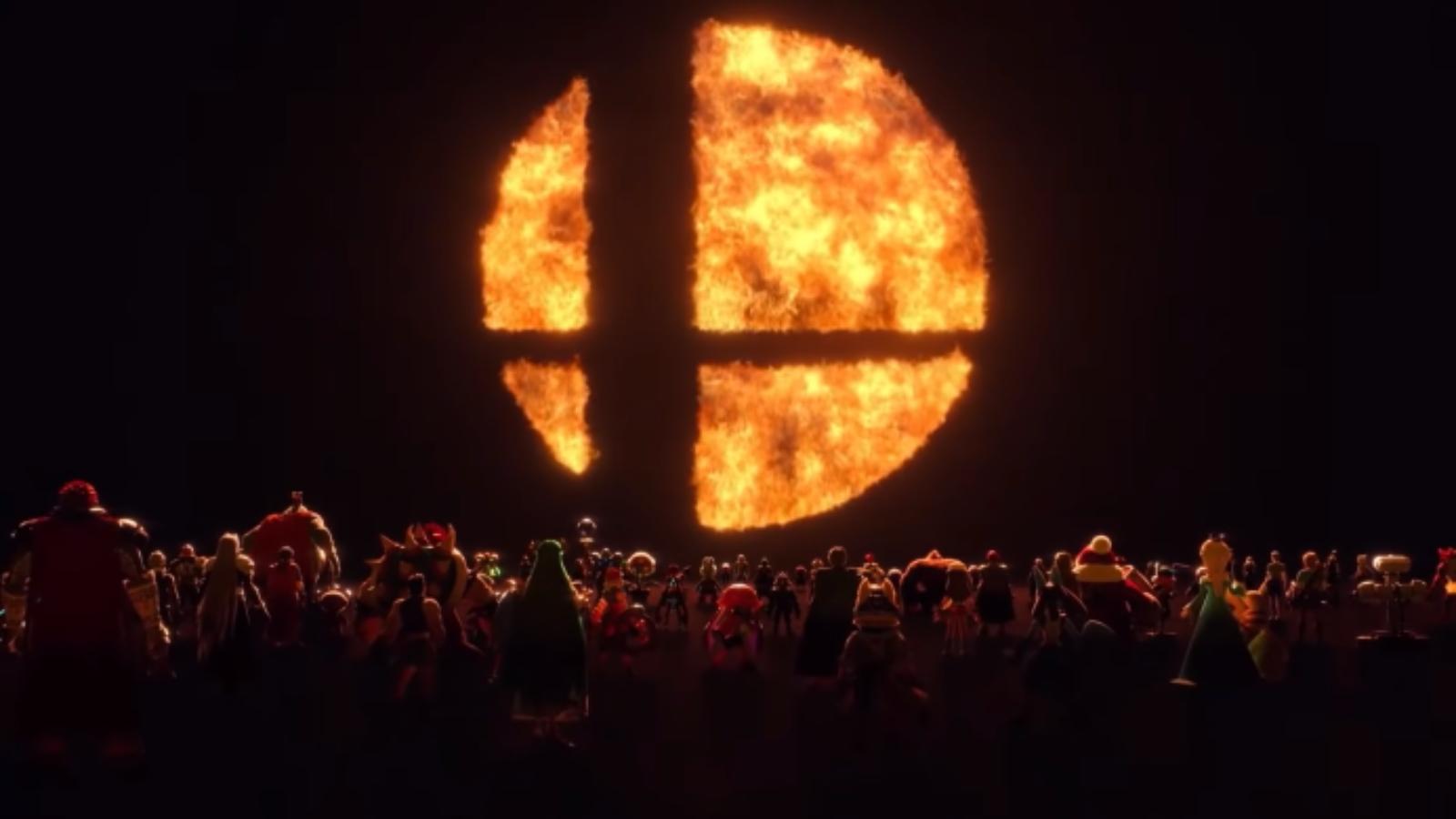 smash fighters with the game's logo in background