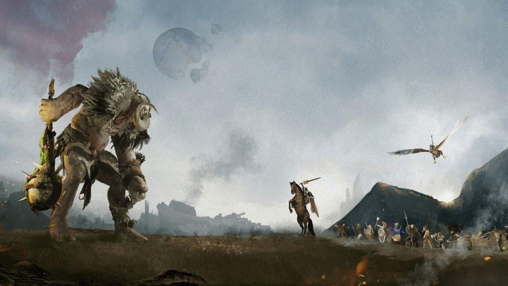 A giant fights a lone figure in Ashes of Creation