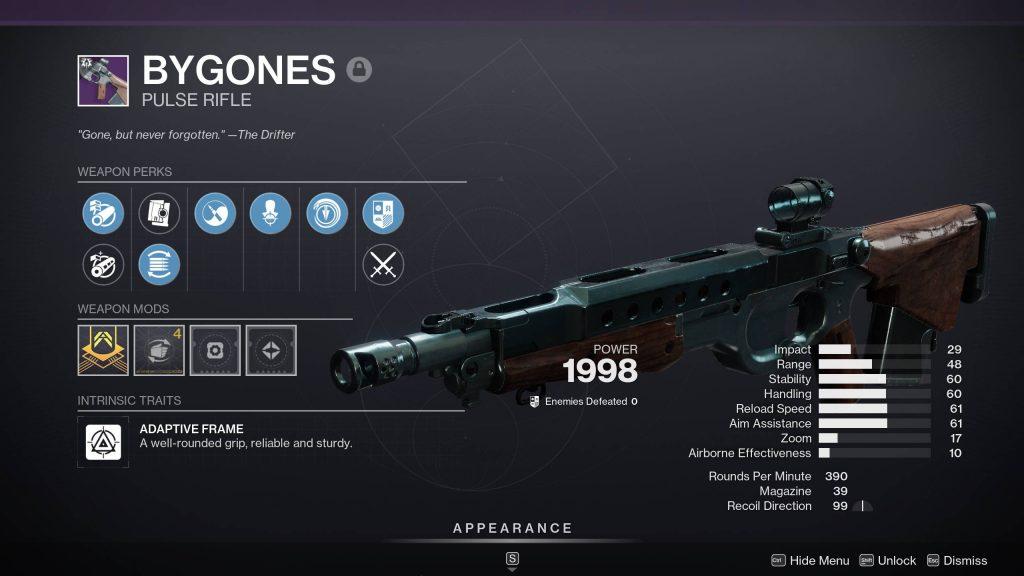 A Bygones pulse rifle with PvP God Roll in Destiny 2.