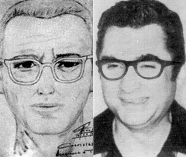 A sketch of the Zodiac killer and a photo of Lawrence Kane