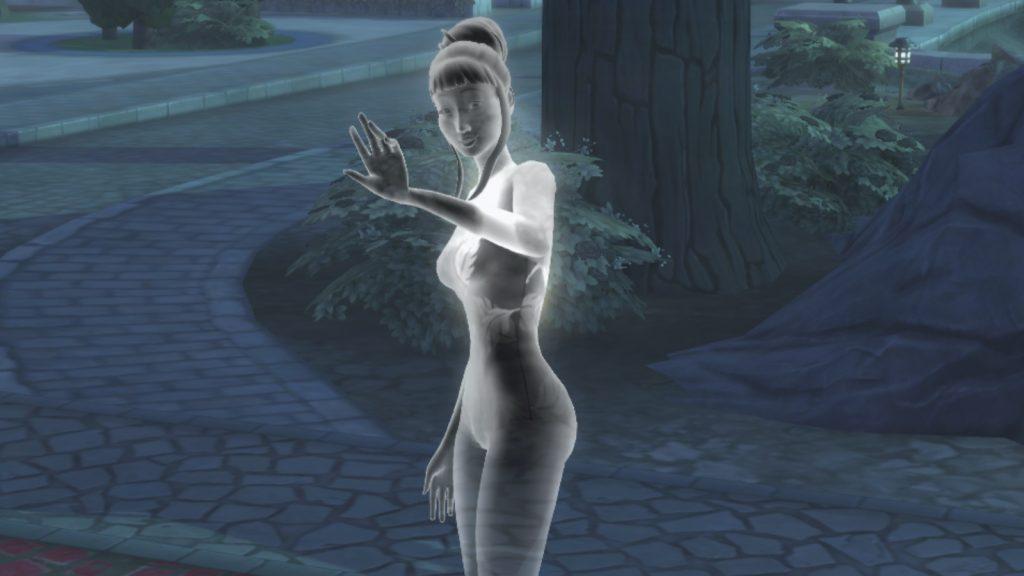 A screenshot featuring a ghost sim in The Sims 4 Life and Death Expansion Pack.