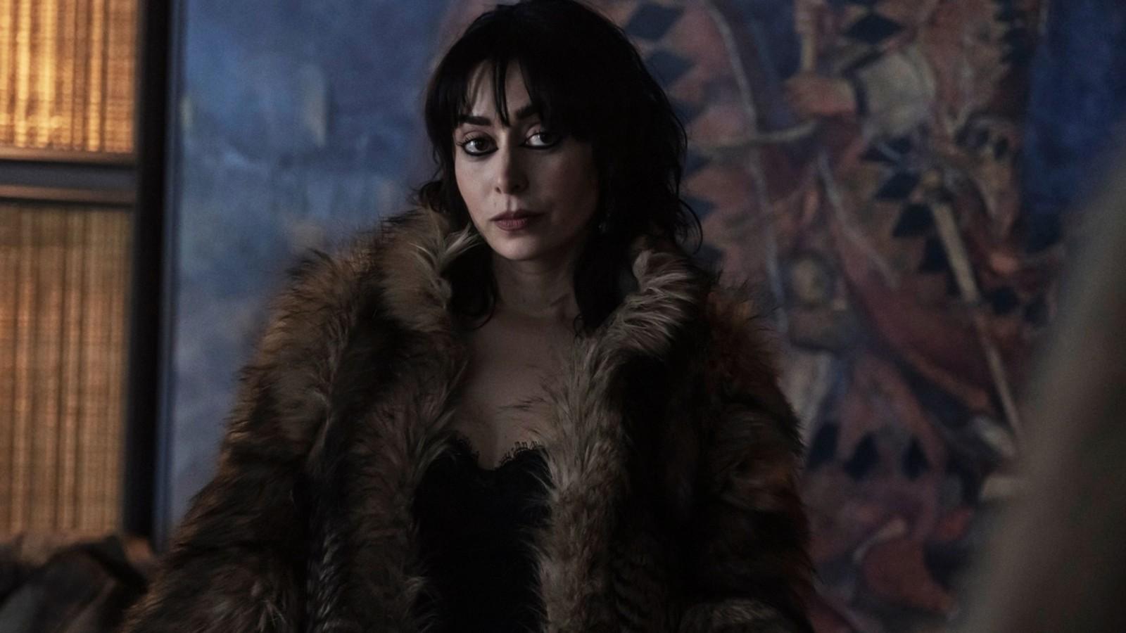 Sofia Falcone in a fur coat in The Penguin.