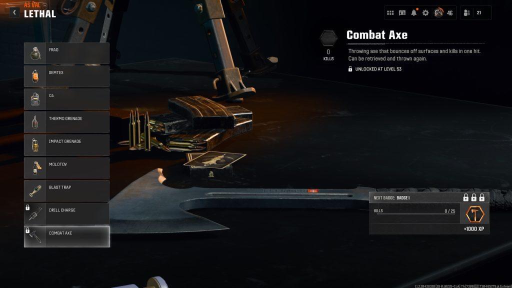 The Combat Axe lethal equipment on Black Ops 6's loadout menu.