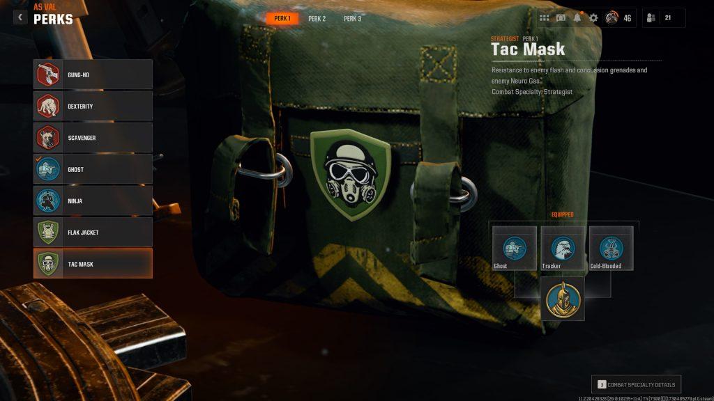 The Tac Mask perk on Black Ops 6's loadout menu.