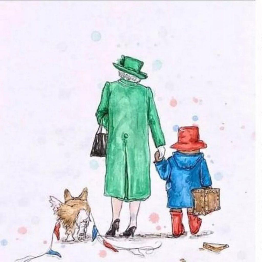 Artwork of Queen Elizabeth II holding Paddington's hand