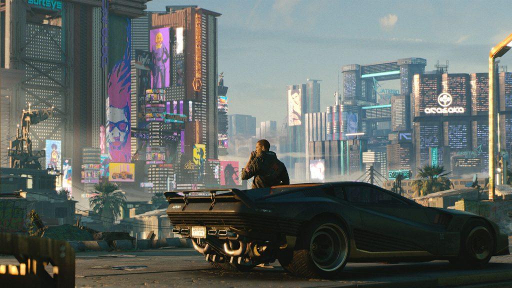 V resting against car in Cyberpunk 2077