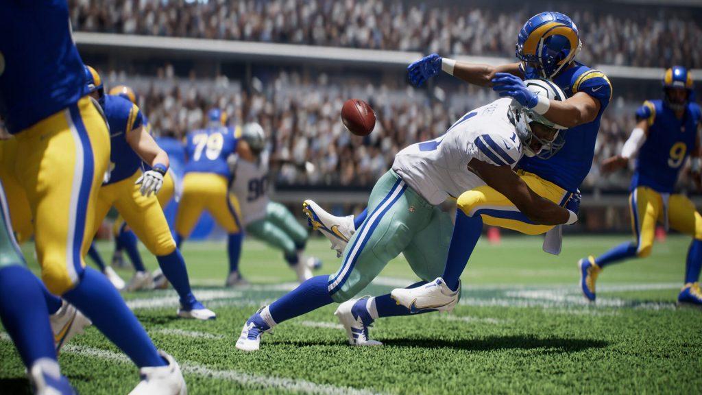 A LA Rams player getting tackled by an Indianapolos Colts player in Madden 25