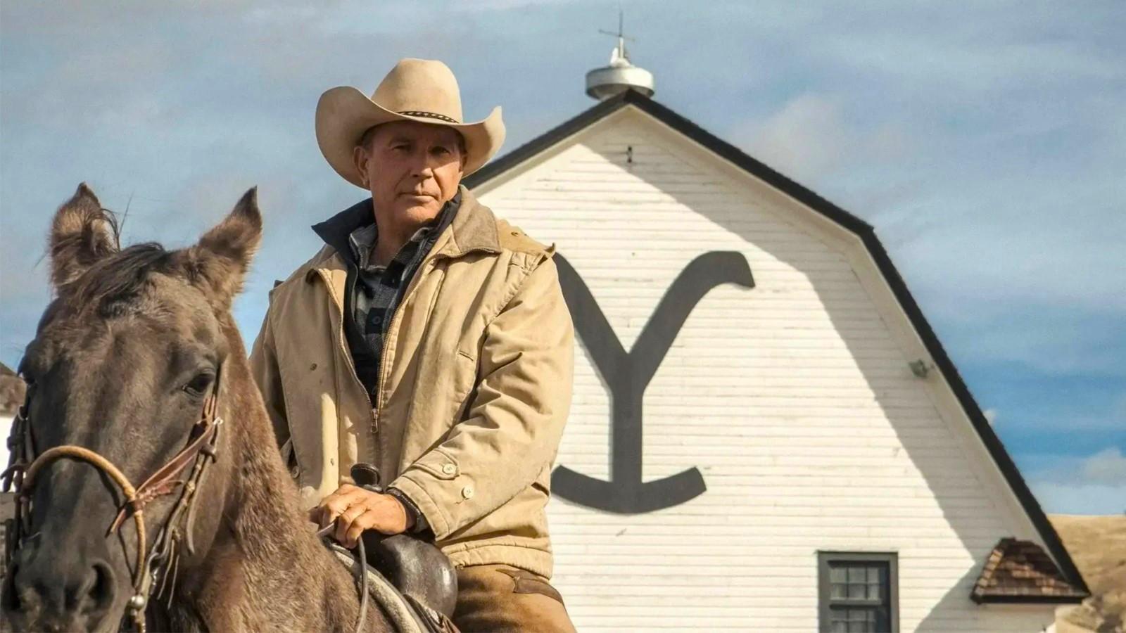 Kevin Costner as John Dutton in Yellowstone, riding a horse