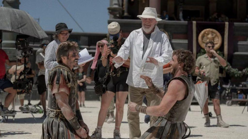 Ridley Scott, Pedro Pascal, and Paul Mescal in Gladiator 2