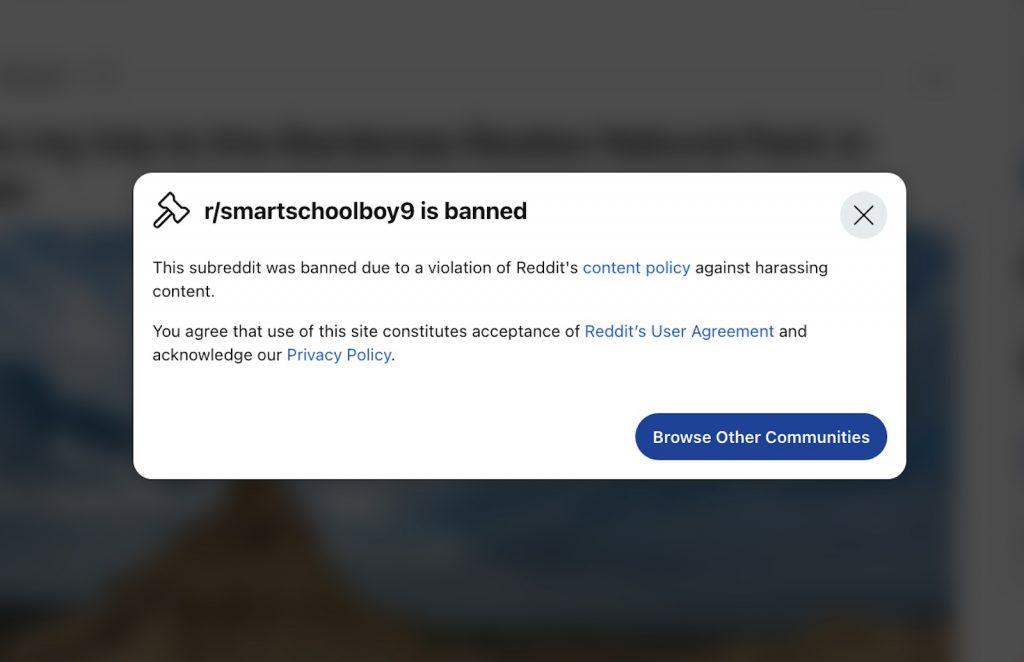 Screenshot of banned smartschoolboy9 Reddit page