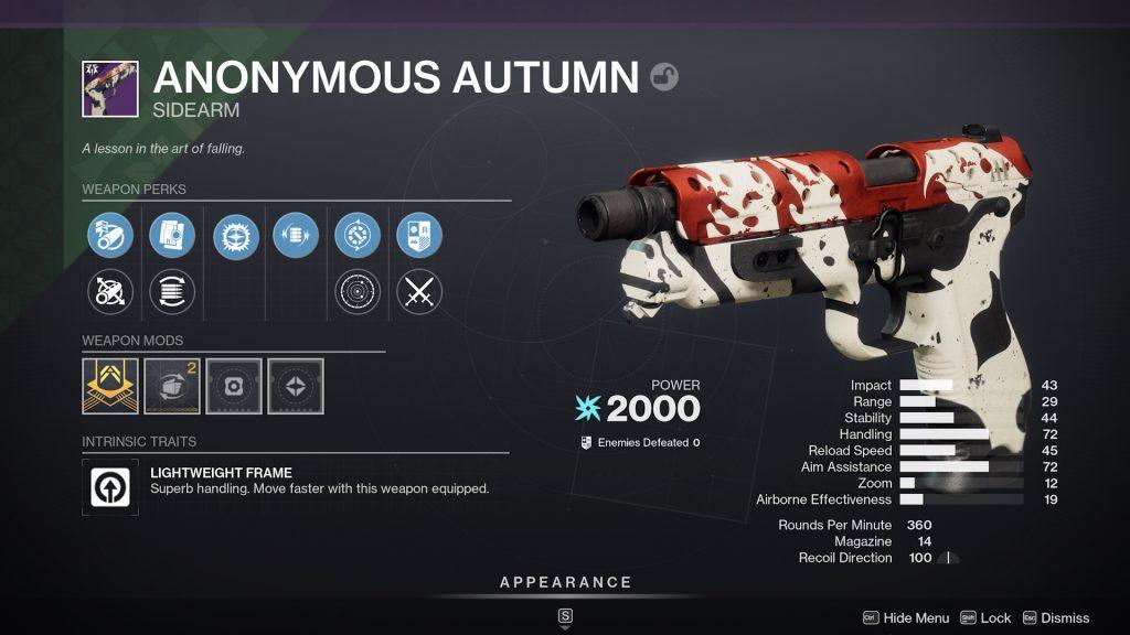 The Anonymous Autumn sidearm in Destiny 2.