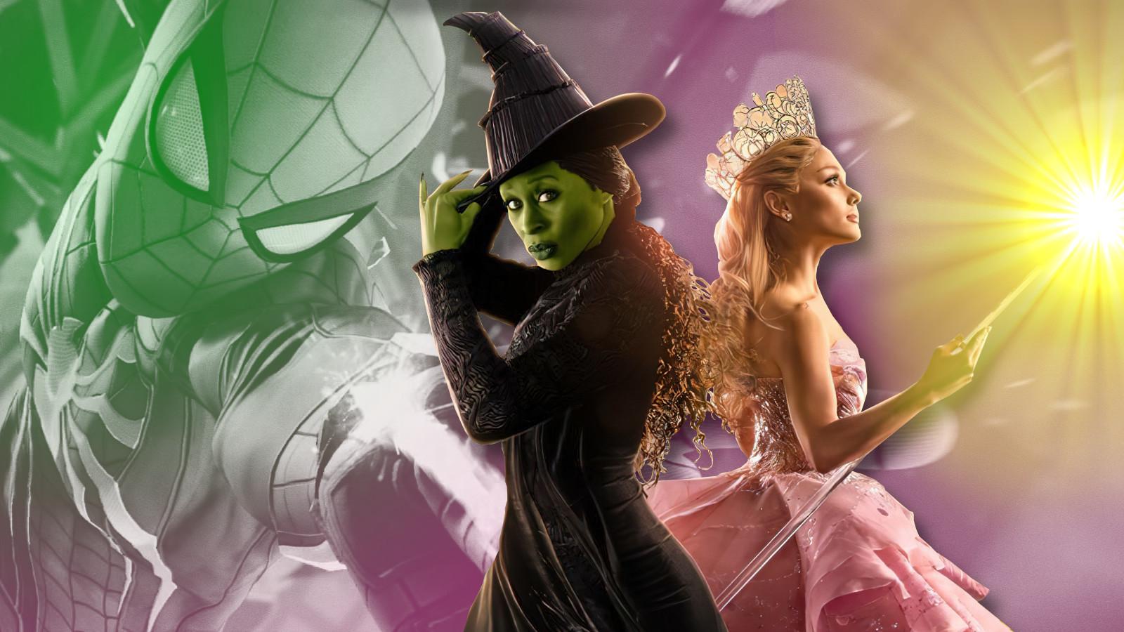 Elphaba and Glinda in Wicked with Spider-Man in the background