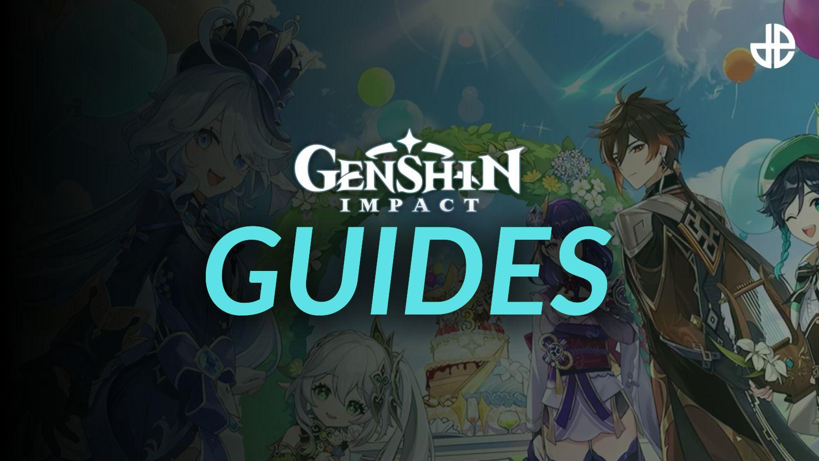 Genshin Impact characters with the game's logo in front of it