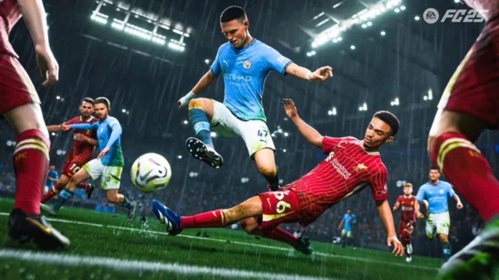 Liverpool and Manchester City players tackling in EA FC 25