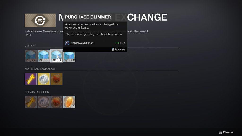Exchaning resources for Glimmer at Master Rahool in Destiny 2.
