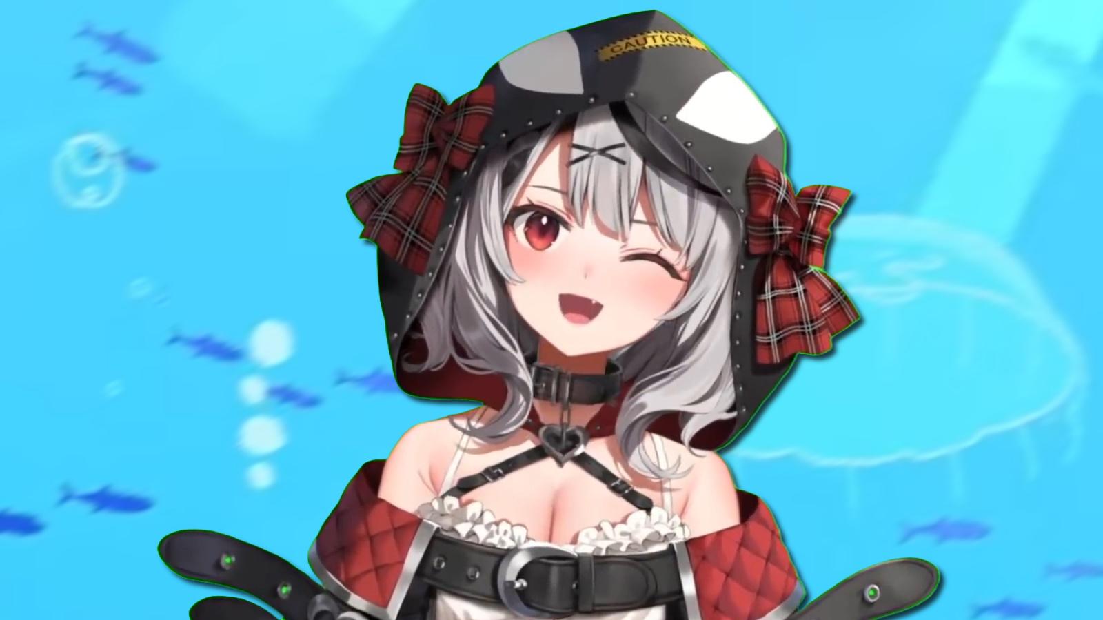 Hololive VTuber Sakamata Chloe winking in front of ocean background.