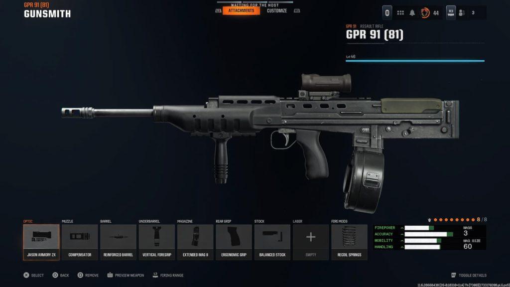 Screenshot of GPR 91 attachments with Gunfighter Wildcard equipped.