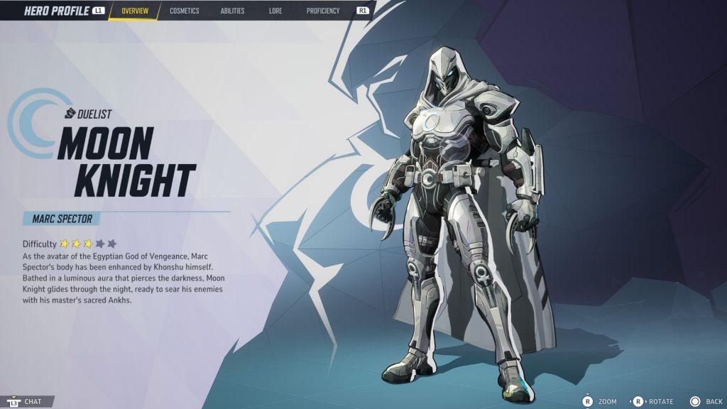 A screenshot of Moon Knight's hero screen in Marvel Rivals.