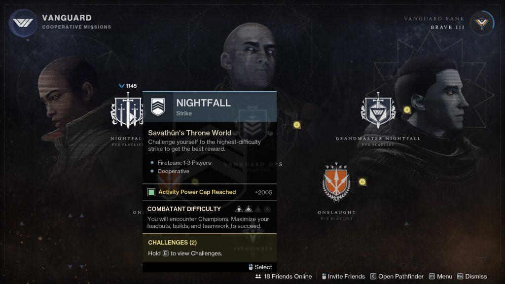 The UI to search for a Nightfall in Destiny 2, one of the game's many ritual activities.