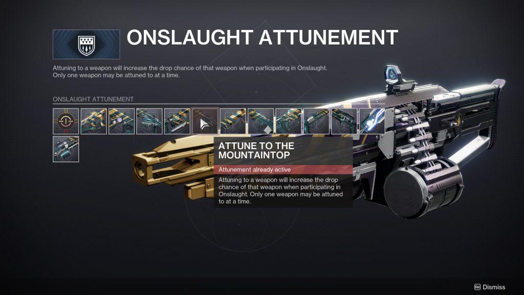 The Attunement system that increases the drop rates of Onslaught weapons in Destiny 2.