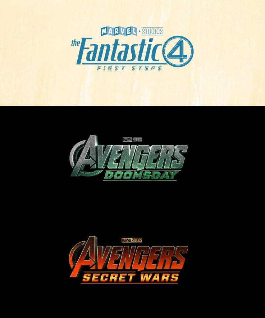 Logos for Fantastic Four: The First Steps, Avengers: Doomsday, and Avengers: Secret Wars