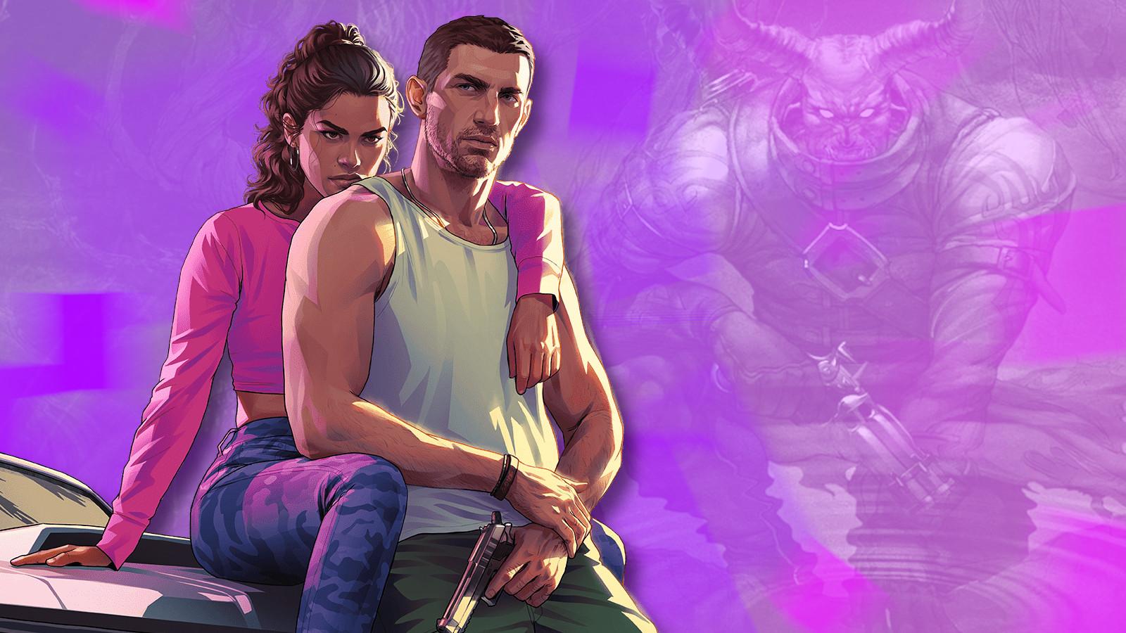 GTA 6's main characters on a field of purple with a monster from Fable behind them.