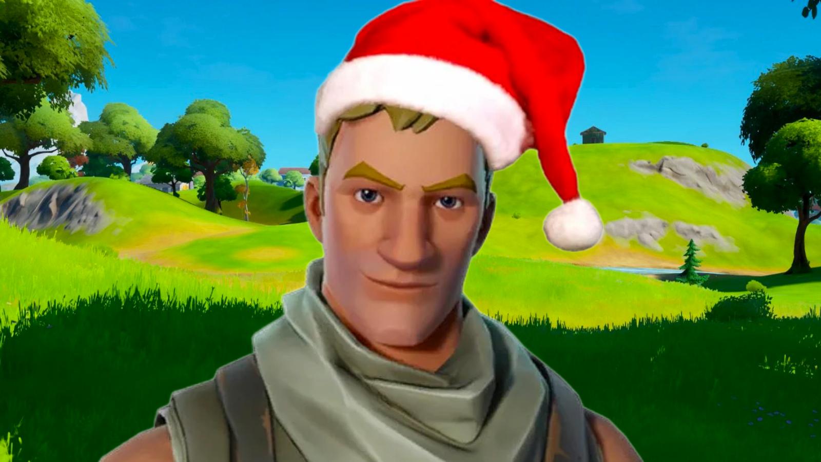 Fortnite Christmas update image with character Jonesy wearing a Christmas hat.