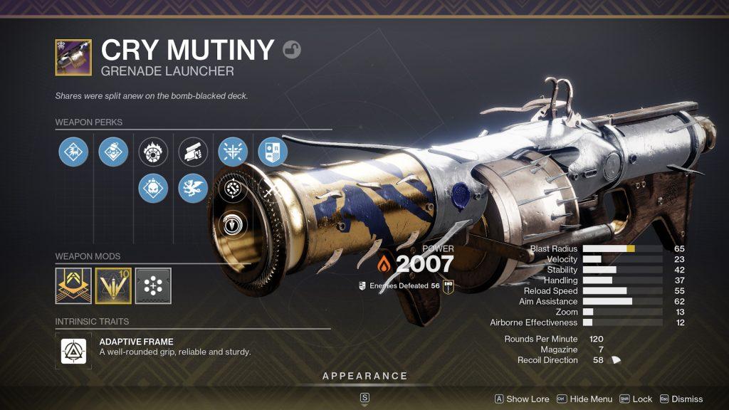 The Cry Mutiny god roll in Destiny 2.