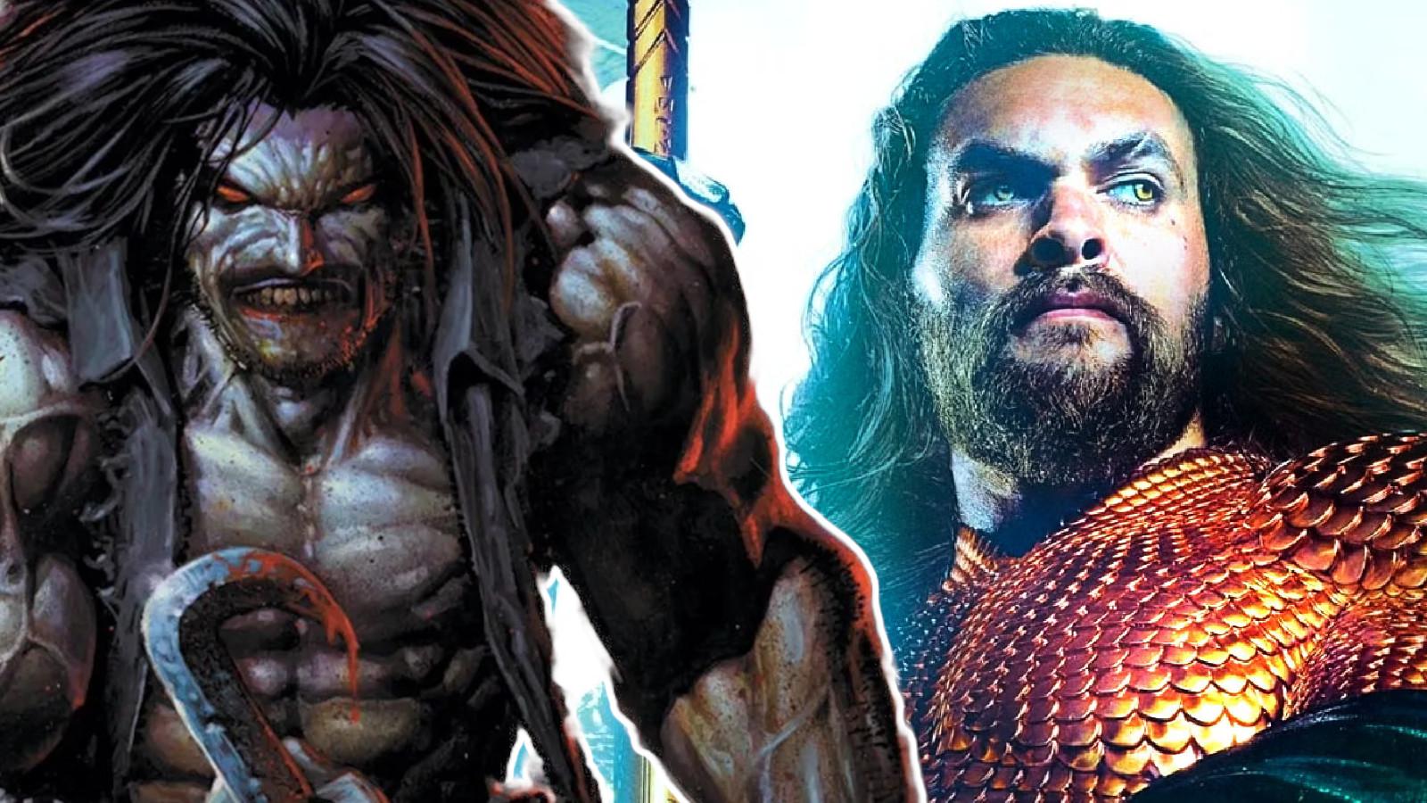 Jason Momoa as Aquaman with a picture of Lobo in front